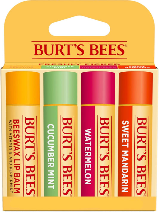 100% Natural Origin Moisturising Lip Balm Set, Freshly Picked - Beeswax, Cucumber Mint, Watermelon, & Sweet Mandarin, 4 Tubes