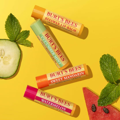 100% Natural Origin Moisturising Lip Balm Set, Freshly Picked - Beeswax, Cucumber Mint, Watermelon, & Sweet Mandarin, 4 Tubes