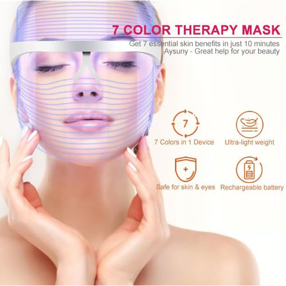 LED Face Mask Light Therapy, Ultra-Light Upgraded Red Light Therapy for Face, 7-1 Colors L E D Facial Skin Care Mask, 7 Colors Portable Rechargeable Skin Treatment Mask