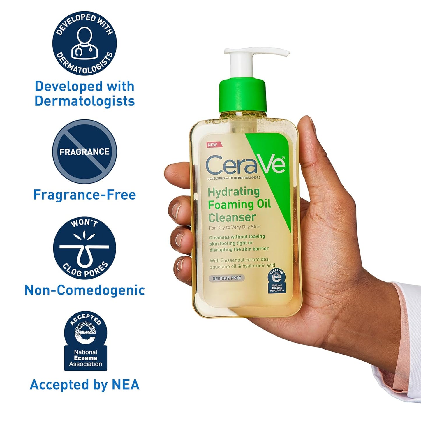 Hydrating Foaming Oil Cleanser | Moisturizing Oil Cleanser for Face & Body | Squalane Oil + Hyaluronic Acid + Ceramides | for Dry to Very Dry Skin | Fragrance Free & Residue Free | 19 FL Oz