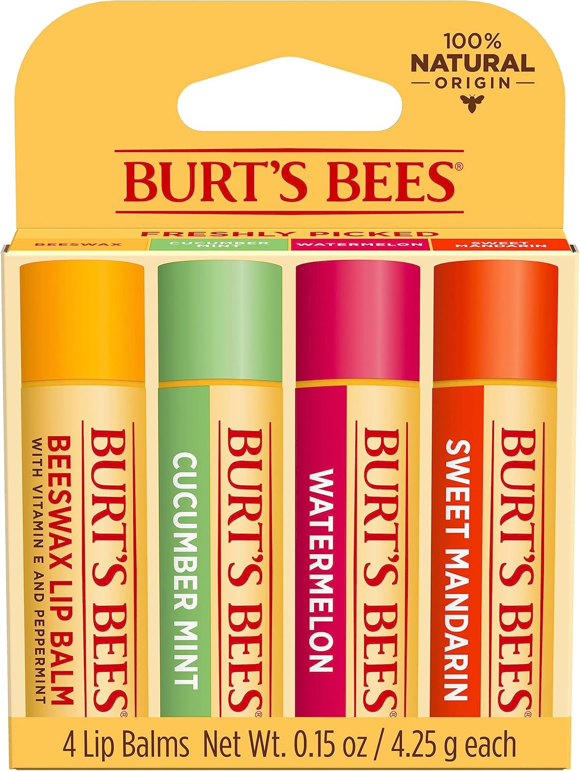 100% Natural Origin Moisturising Lip Balm Set, Freshly Picked - Beeswax, Cucumber Mint, Watermelon, & Sweet Mandarin, 4 Tubes