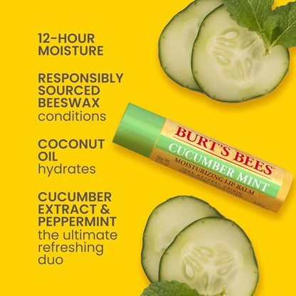 100% Natural Origin Moisturising Lip Balm Set, Freshly Picked - Beeswax, Cucumber Mint, Watermelon, & Sweet Mandarin, 4 Tubes