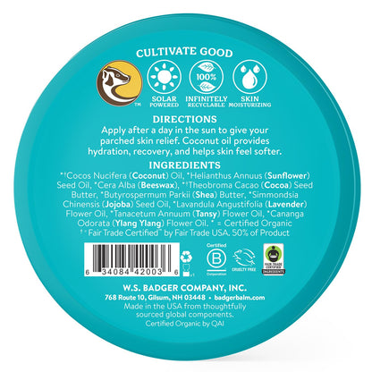 Coconut after Sun Balm with Organic Cocoa Butter & Shea Butter, Rescue Balm, Soothing & Cooling Balm for Tight Dry Skin after Sun Exposure, 2 Oz