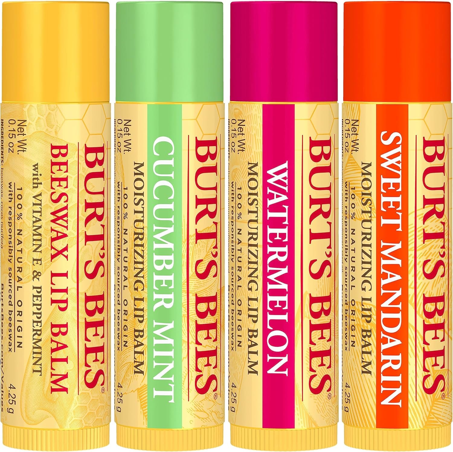 100% Natural Origin Moisturising Lip Balm Set, Freshly Picked - Beeswax, Cucumber Mint, Watermelon, & Sweet Mandarin, 4 Tubes